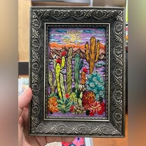 Colorful handmade Cactus Embroidery in Ornate Frame 6 by 8 inches